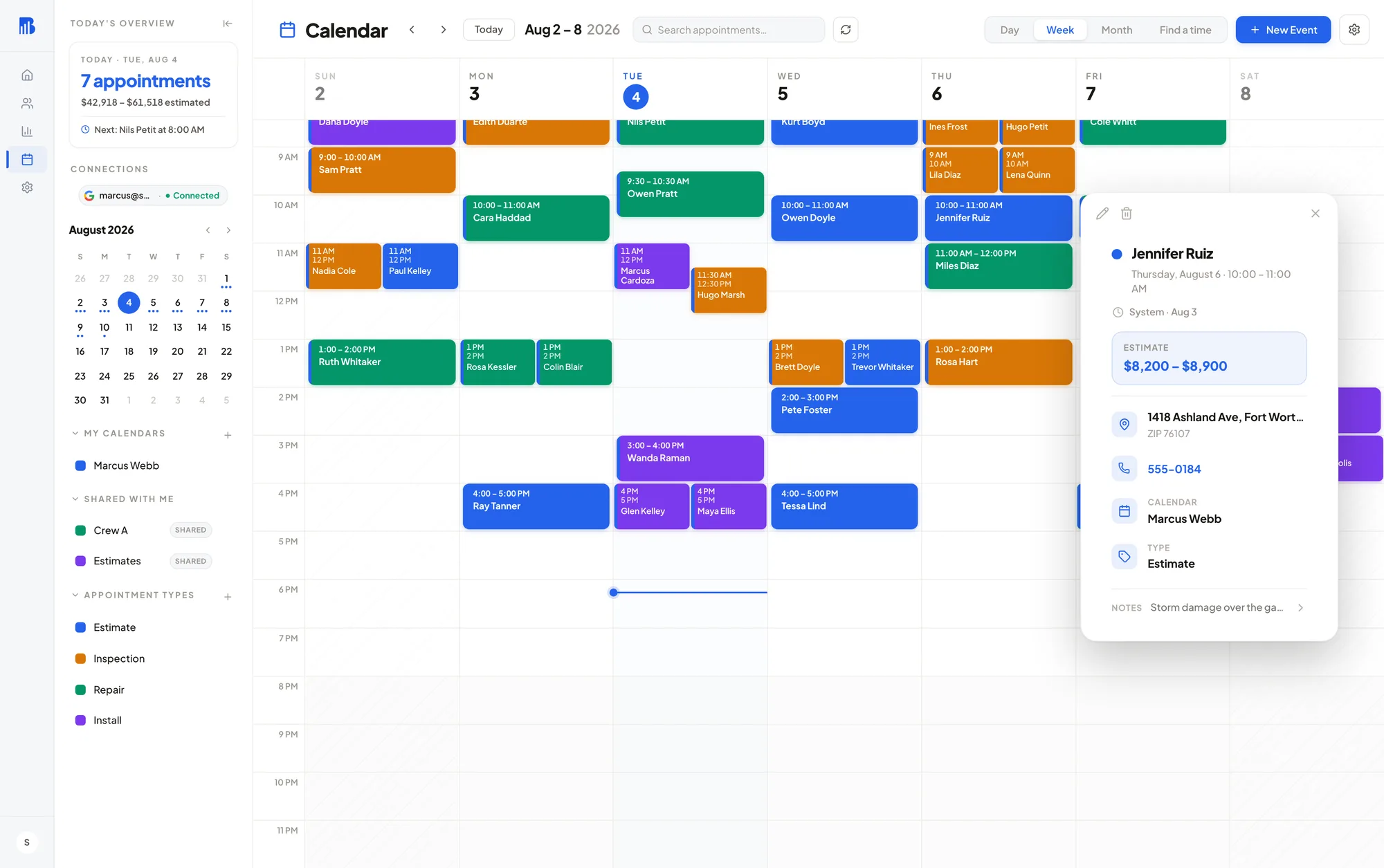 BlueSystm Calendar: week view for Aug 2 to 8 2026 with color-coded appointments; Jennifer Ruiz booked Thursday 10:00 to 11:00 AM, synced to Google Calendar.