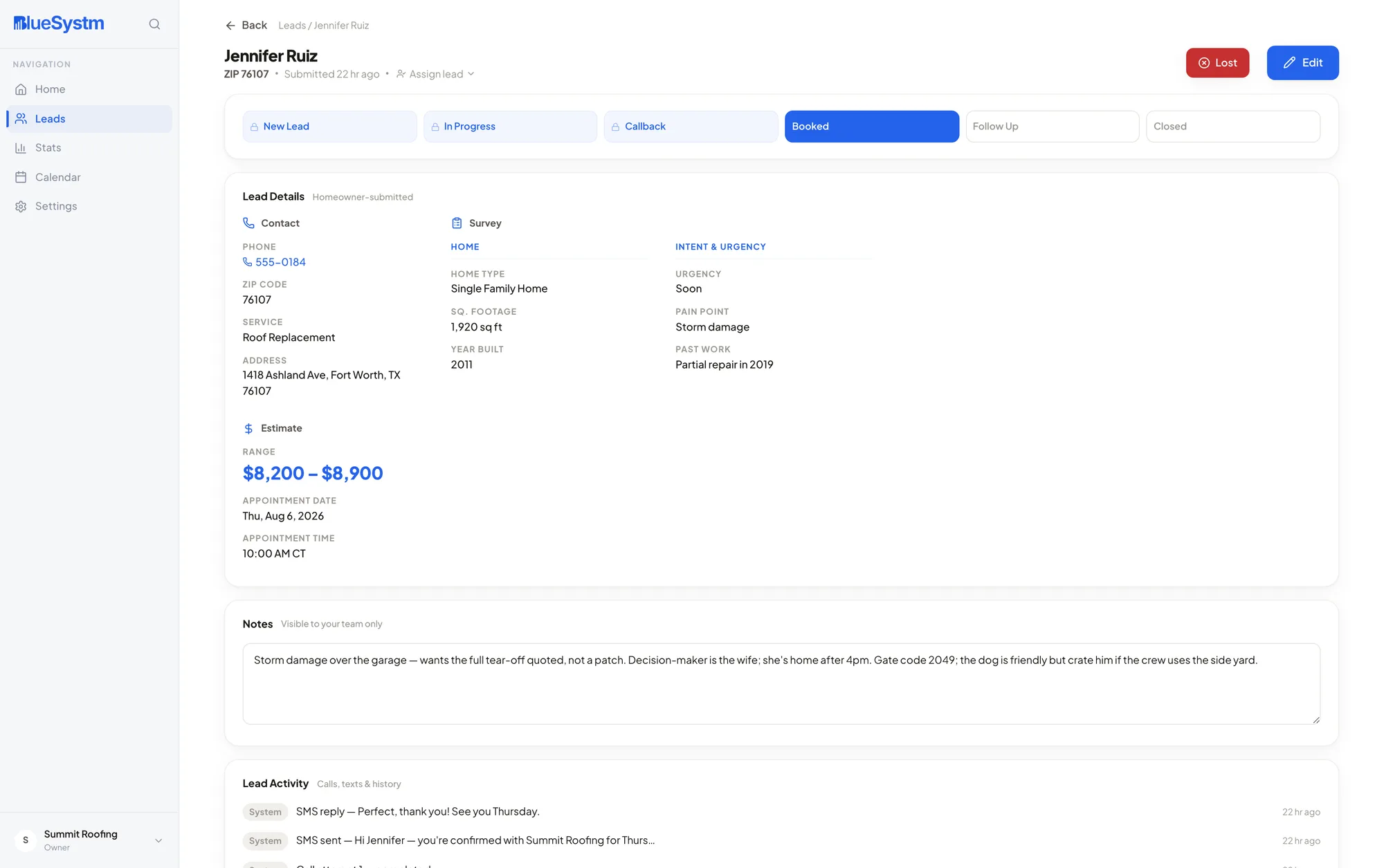 Jennifer Ruiz lead detail: contact, survey, estimate range $8,200 to $8,900, appointment Thursday August 6 at 10:00 AM, and a notes timeline of call and SMS confirmations.