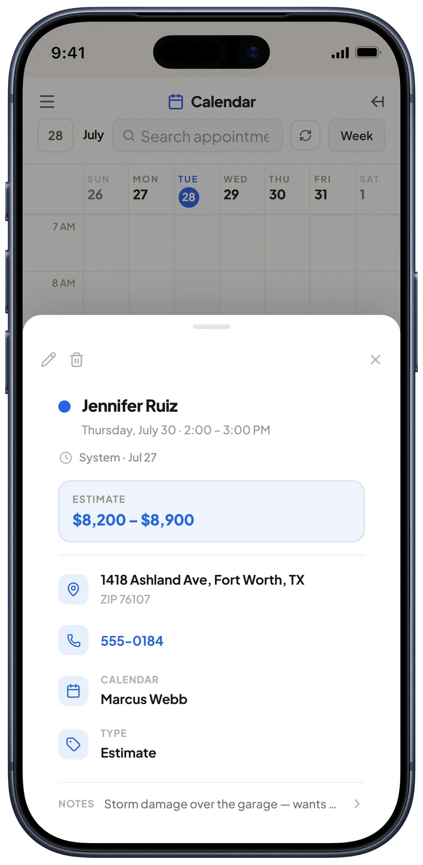 BlueSystm Calendar on a phone: Jennifer Ruiz booked for Thursday July 30, 2:00 to 3:00 PM, with the address and estimate attached.