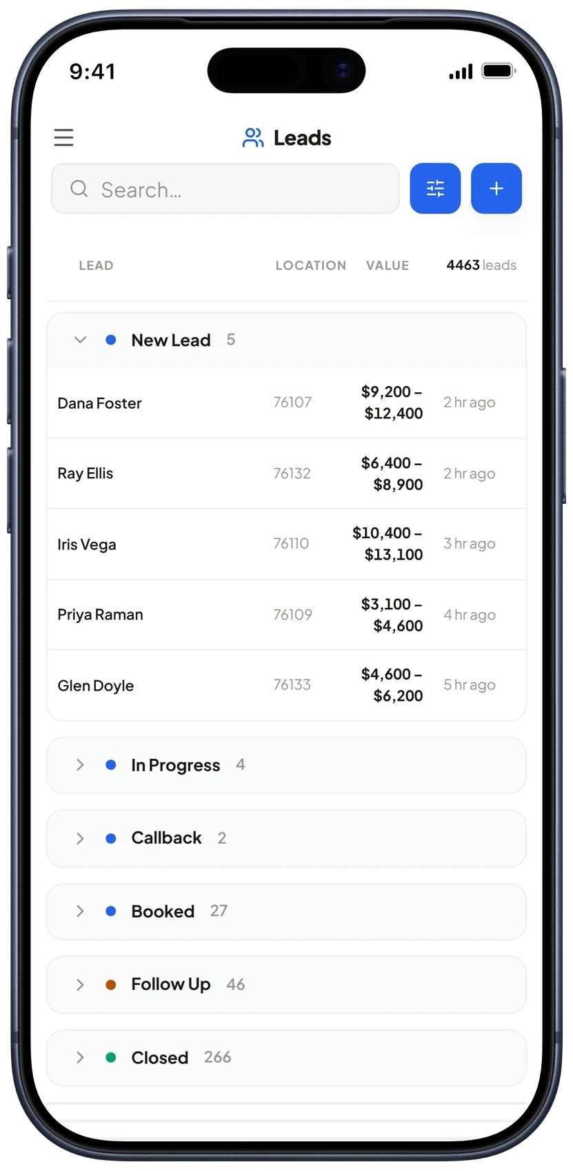 iPhone: the BlueSystm Leads list: new leads arriving with their ZIP, estimate range, and how long ago they came in.