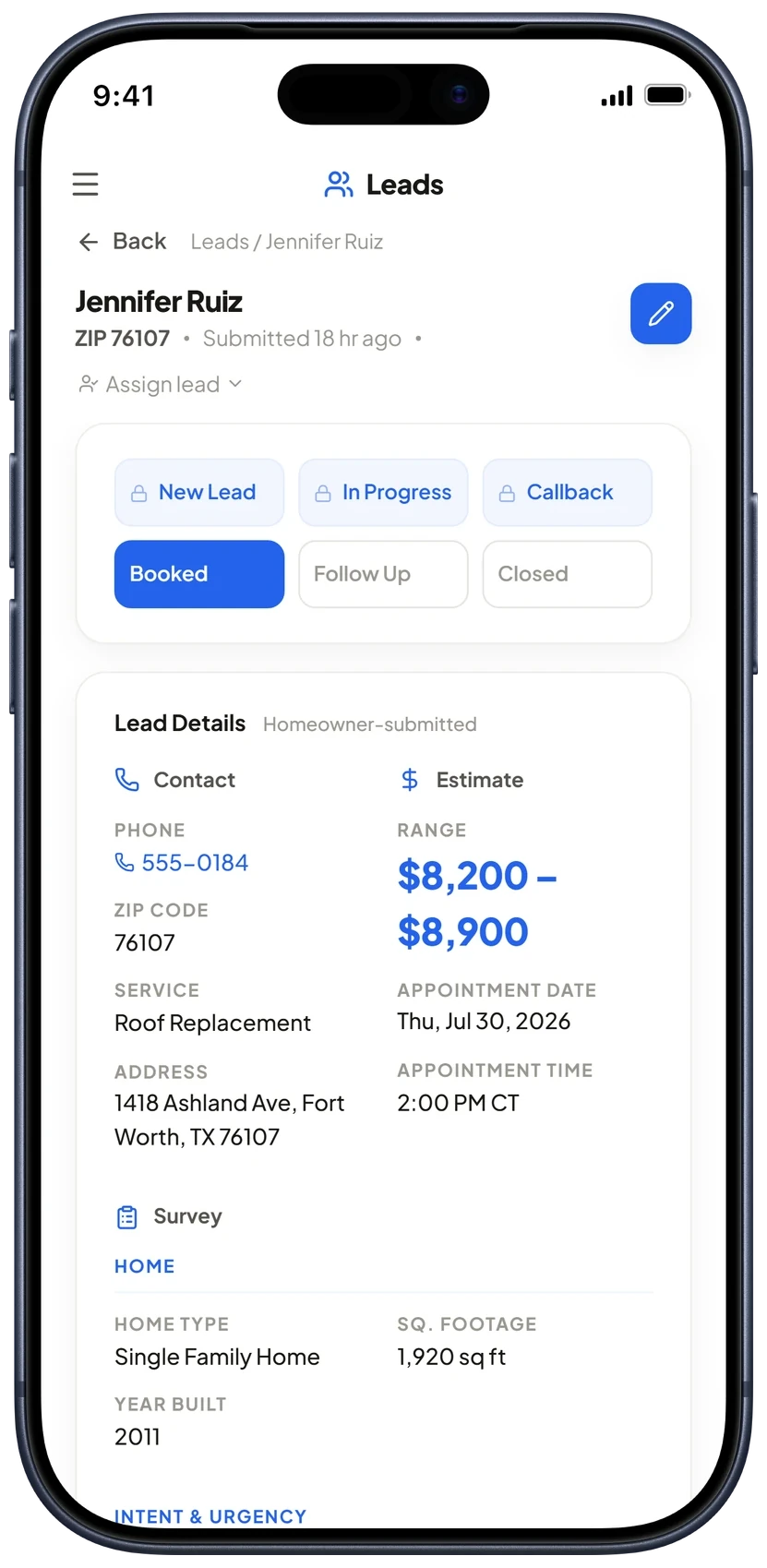 Jennifer Ruiz's lead on a phone: contact, roof replacement, estimate range $8,200 to $8,900, and a Thursday 2:00 PM appointment.