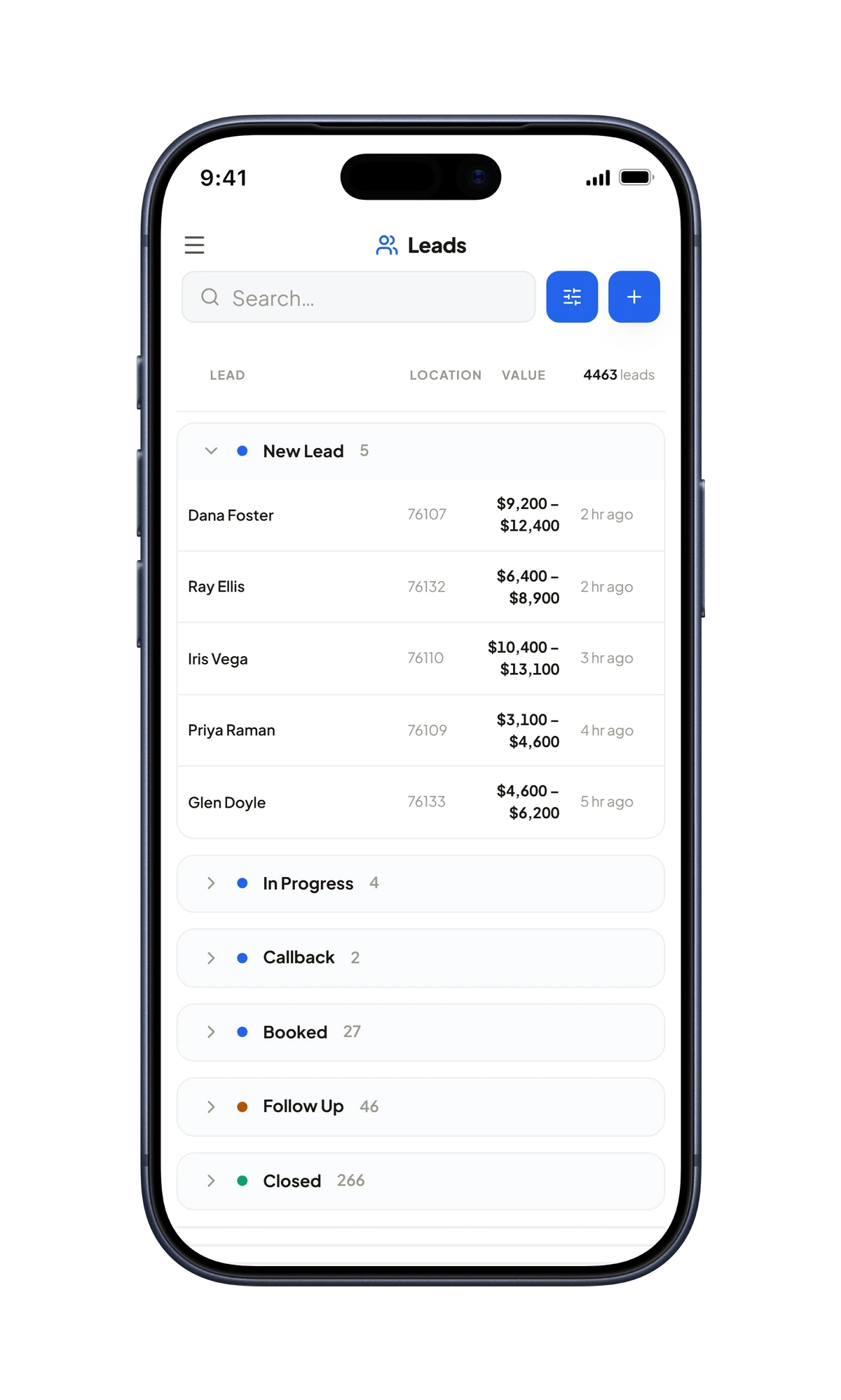 iPhone: the BlueSystm Leads list: new leads arriving with their ZIP, estimate range, and how long ago they came in.