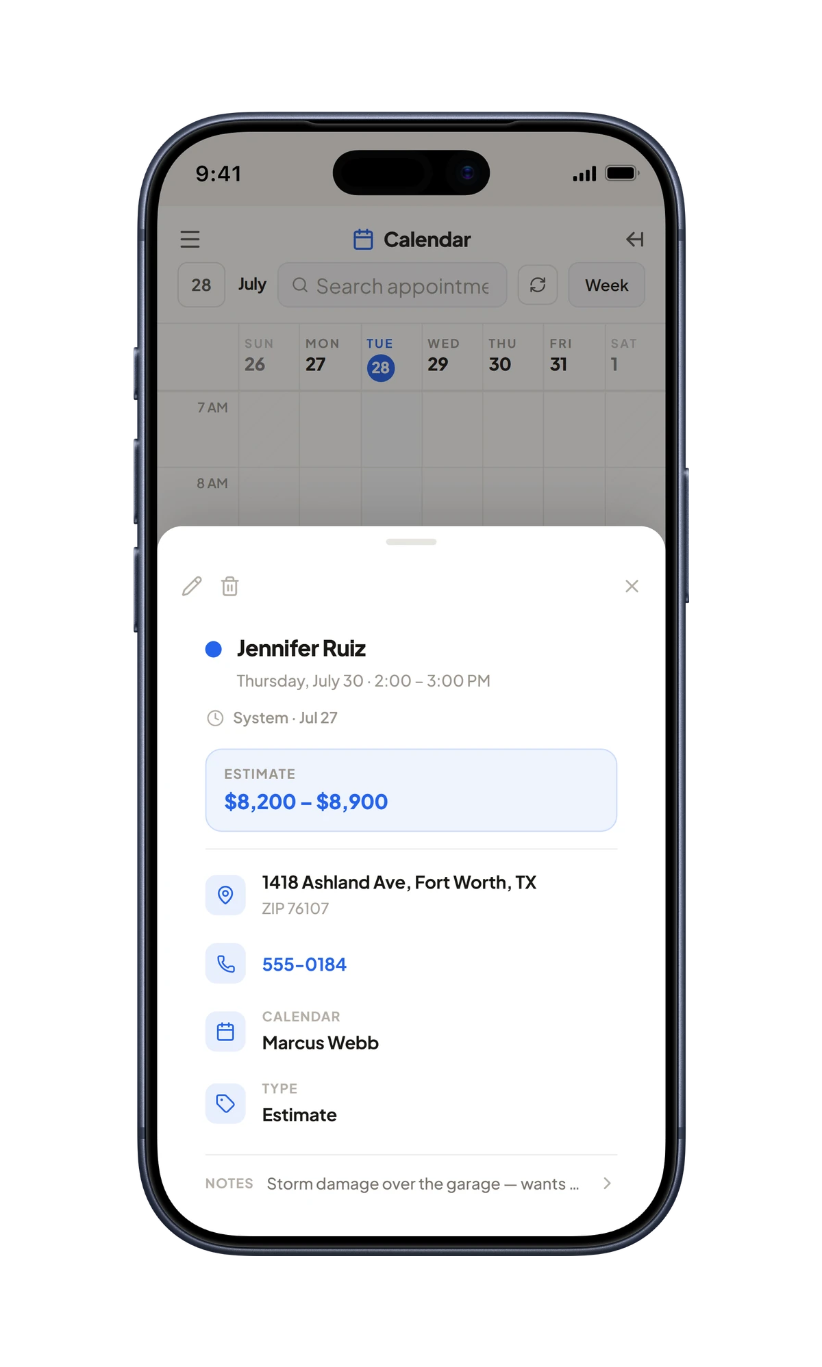 iPhone: a confirmed appointment on the calendar with full job details.